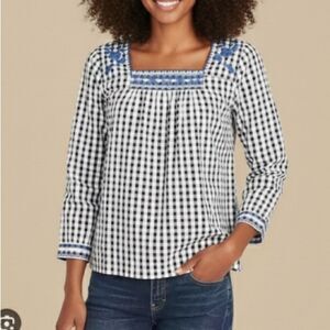 J.Crew Blue Embroidered Gingham Top‎ XS